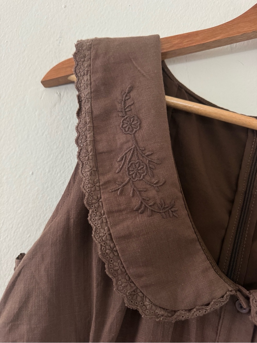 Moon River M Maxi Dress Peter Pan Collar Cottagecore Embroider Chocolate Brown - Picture 5 of 11